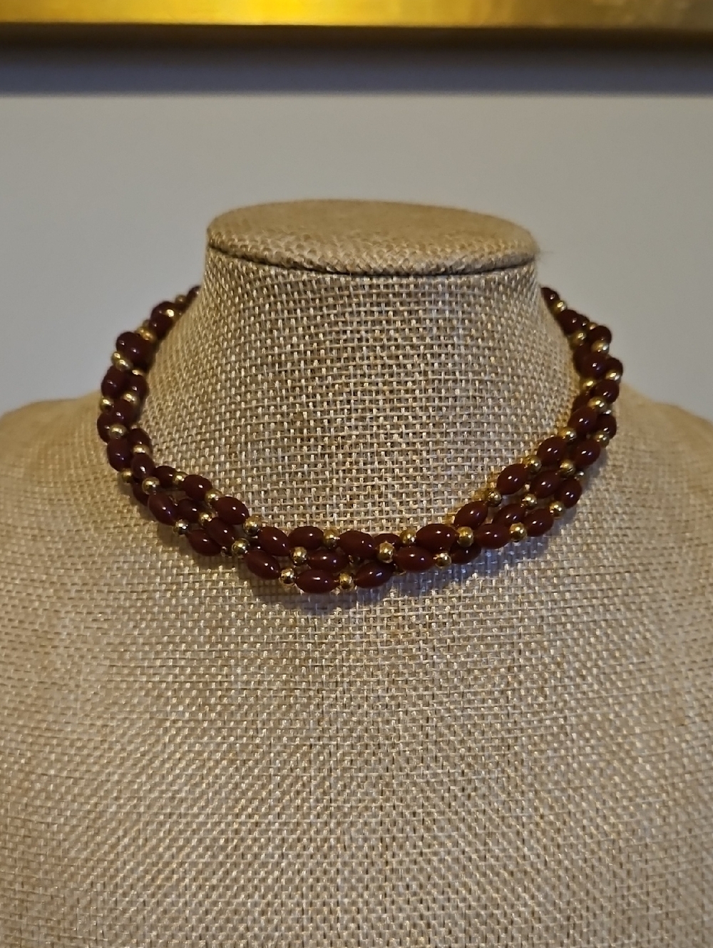 Burgundy and Gold-Tone Beaded Choker Necklace